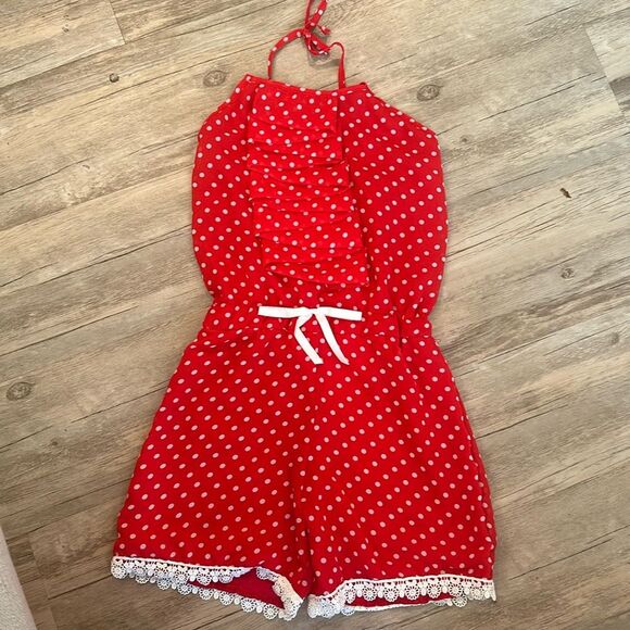 NWT Mia Belle Girls 6-7 Red and White Polka Dot Romper Lace Ruffles Photoshoot - Picture 1 of 5